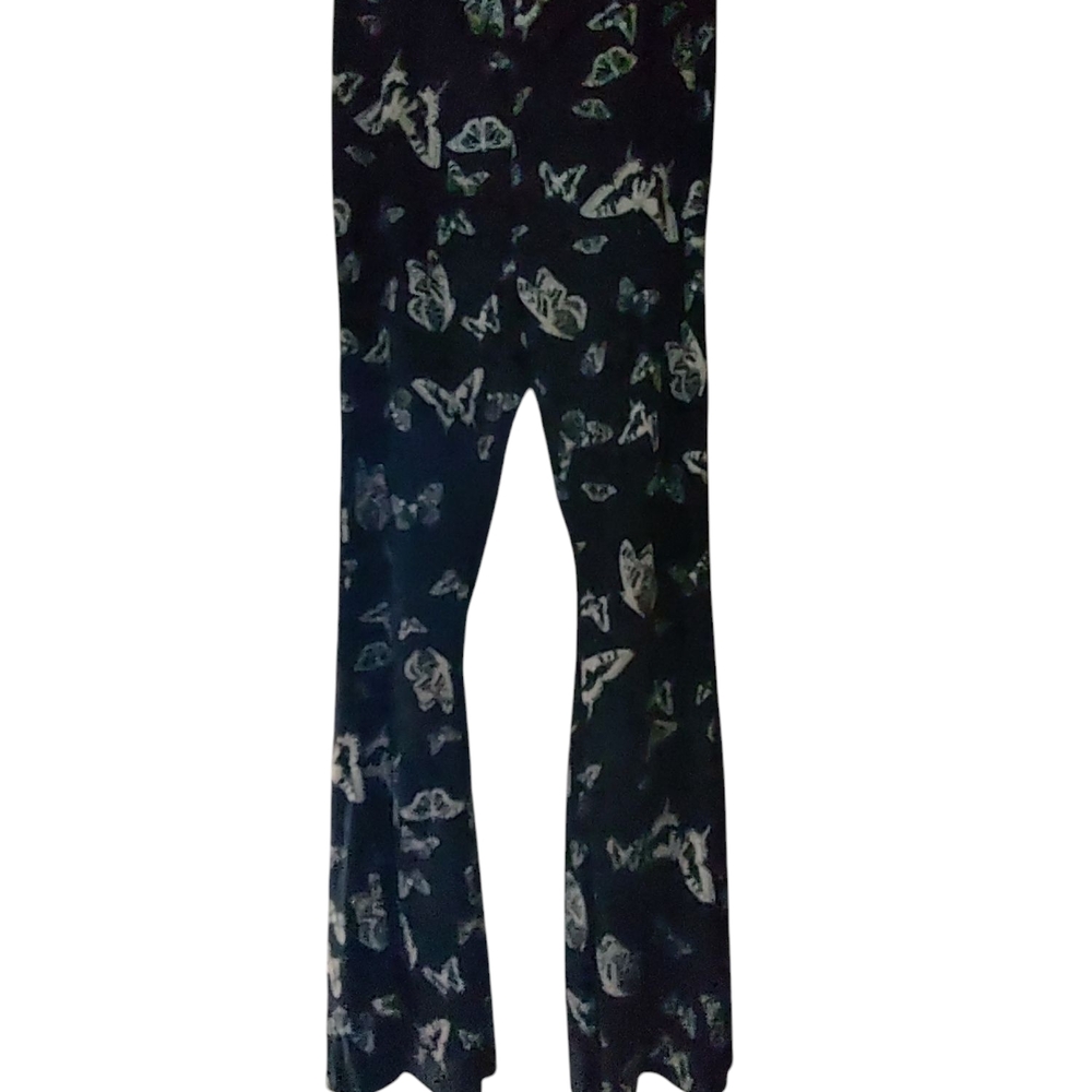 Black White Velvet Pants L Butterflies Flare Bell Bottoms Stretchy Rare